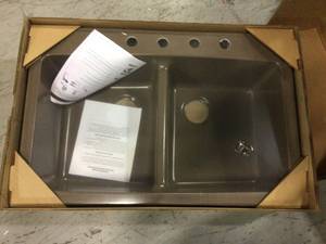 Waterbrook Dual Mount Composite Granite 33x22x9 in. 4-Hole Double Bowl Kitchen Sink in Mocha by Mont Blanc Customer Returns See Pictures