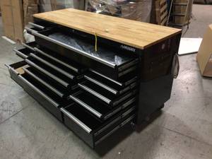 72 in. 18-Drawer Mobile Workbench with Solid Wood Top, Black by Husky Customer Returns See Pictures