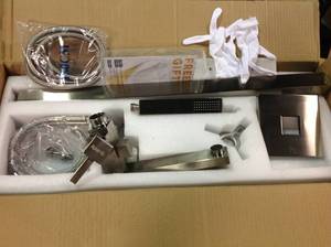 1-Handle Freestanding Floor Mount Tub Faucet Bathtub Filler with Hand Shower in Brush Nickel by AKDY Customer Returns See Pictures