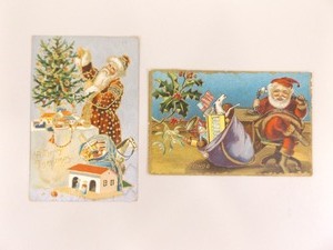 Antique 1910 Silk Gold Etched Embossed Santa Postcard and Another