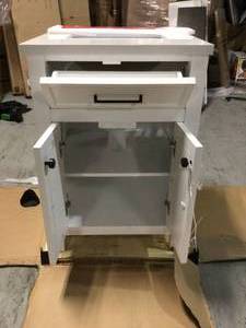 Marksfield 24 in. W x 22 in. D Bath Vanity in White with Cultured Stone Vanity Top in White with White Basin by Home Decorators Collection customer Returns See Pictures
