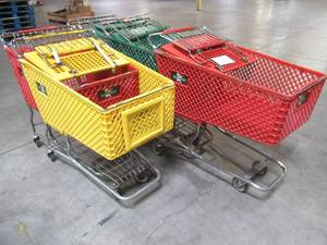 WHOLESALE MIXED LOT OF (6) MISCELLANEOUS SHOPPING CARTS WITH PLASTIC BASKETS