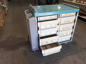 lot 60 image: Rolling Work Cart w Drawers on Both Sides - Would be great as a rolling parts cabinet - NO SHIPPING