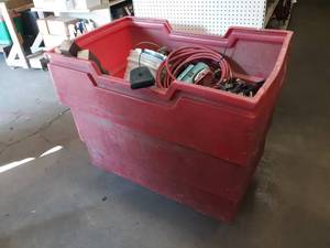 lot 253 image: Large Plastic Rolling Tote - Filled with Tools, Diaphragm Pump, Garage Items and More - NO SHIPPING