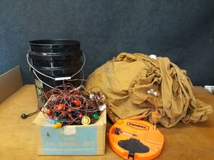 lot 265 image: Canvas Tarps, Frabill Tipup w Buckets, Vintage Christmas Lights - NO SHIPPING