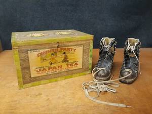 lot 279 image: Vintage German Boots and Japanese Tea Box - SHIPPING AVAILABLE