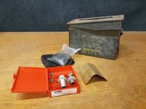 lot 595 image: Vintage Ammo Box, Reloading Dies and Bag of Shot - SHIPPING AVAILABLE