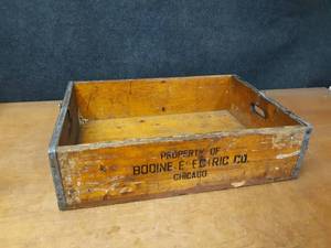 lot 596 image: Antique Bodine Electric Co. Chicago Wood Box - Measures about 24 X 18 X 7 - NO SHIPPING