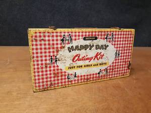 lot 603 image: Vintage Tin Happy Day Outing Kit Box - Measures about 16 x 8 x 3 - SHIPPING AVAILABLE