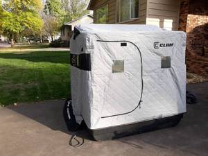 lot 3 image: CLAM Voyager X Thermal - Jason Mitchell Elite Series Portable Ice Fishing House - NO SHIPPING