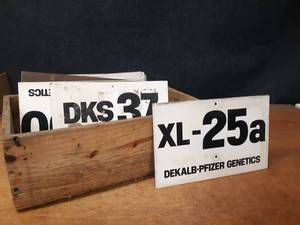 lot 684 image: Vintage Wood Crate w (28) DEKALB-PFIZER Genetics Plot Markers - NO SHIPPING