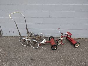 lot 77 image: Radio Flyer Tricycle, Roadmaster Partial Tricycle, and Baby Buggy Chassis - NO SHIPPING