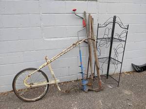 lot 81 image: Garden Cultivator, Ice Auger, Metal Shelf and Assorted Garden Tools - NO SHIPPING