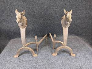 lot 148 image: Pair of Animal Head Andirons for Fireplace - Heads are Cast Iron - NO SHIPPING