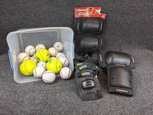 lot 173 image: Assorted Youth Elbow & Knee Pads with Lot of Baseballs, Softballs, and Whiffle Balls - SHIPPING AVAILABLE