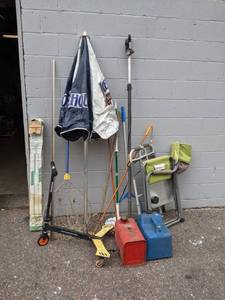 lot 192 image: Lot of Misc. - Patio Umbrella, Scooter, Post Support Jack, Ski Poles, Gas Cans, and MORE - NO SHIPPING