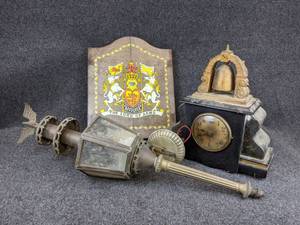 lot 195 image: Vintage Outdoor Light, Mantle Clock and Dart Board - NO SHIPPING
