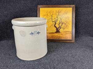 lot 234 image: 5 Gallon Unmarked Crock with 19 x 19 Hanging Picture - NO SHIPPING