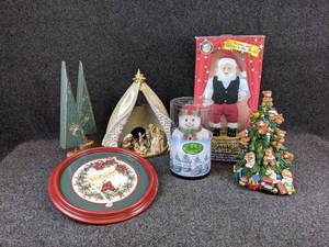 lot 628 image: Lot of Christmas Dcor including Ceramic Nativity and Electronic Dancing Santa - NO SHIPPING