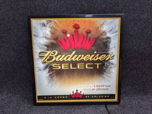 lot 744 image: Budweiser Select Backlit Sign - Measures about 18 x 18 - Tested and Works - NO SHIPPING