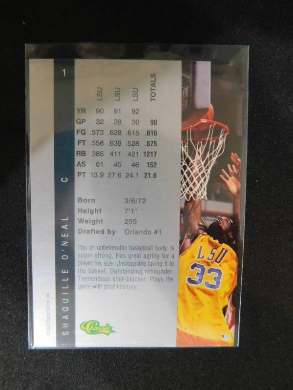 lot 24 image: 1992 Classic 4 Sport Shaquille ONeal Rookie Card #1