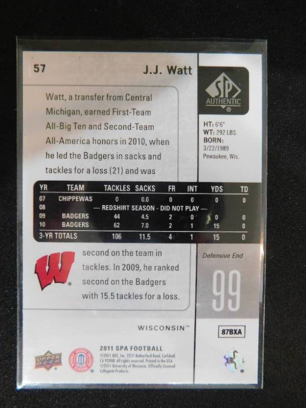 lot 9 image: 2011 SP Authentic J.J. Watt Rookie Card #57