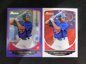 lot 136 image: (2) 2013 Bowman Prospects Byron Buxton Purple And International Variations #BP1