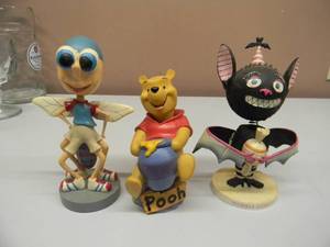 lot 74 image: VINTAGE BOBBLE DOBBLES POOH BOBBLEHEAD FIGURE WITH 2 CRAZY CHARACTER BOBBLEHEADS - NICE - VERY COOL PIECES - SEE PICTURES
