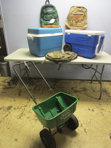 lot 361 image: RUBBERMAID, COLEMAN COOLERS, SCOTTS SEED SPREADER, JANSPORT, EDDIE BAUER BACKPACKS