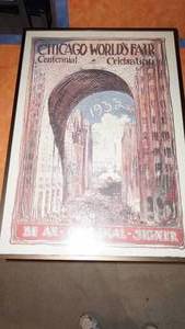 lot 26 image: Framed Plexiglass Chicago Worlds Fair Centennial Celebration Poster--30 14 Tall  x  21 14 Wide