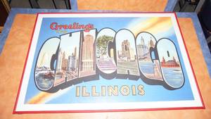 lot 31 image: Framed Plexiglass Greetings From Chicago Illinois Poster--21 34 Tall  x  32 14 Wide