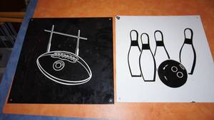 lot 41 image: Two Printed Heavy Metal Posters Of Bowling Pins & Bowling Ball & Official Football W Field Goal--16  x  16