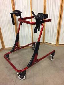 lot 11 image: MSRP $4500 Rifton Pacer 503 Red Older Child Adult Gait Trainer 200lbs Weight Capacity - Nice Condition - Has Scuffs In The Front & Shows Signs Of Wear