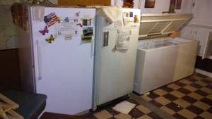 lot 159 image: Chest freezer, upright freezer, and refrigerator.