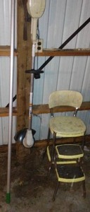 lot 187 image: Vintage metal stool, Weed Wacker with extention handle