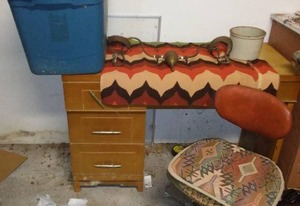 lot 200 image: Desk, Crock, tote, Chair and Gas Light plus contents.
