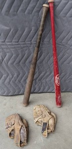 VINTSAGE BASE BALL  SOFTBALL BATS AND GLOVES