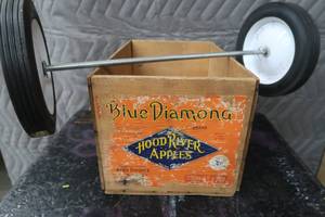 VINTAGE WOODEN BOX AND WHEELS
