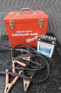 METAL TOOL BOX, JUMPER CABLES, BATTERY