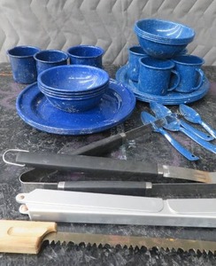 TWO SETS OF ENAMEL CAMP DISHES PLUS