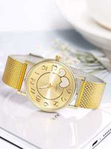 1pc Mesh Strap Heart Print Dial Quartz Watch & 4pcs Bracelet