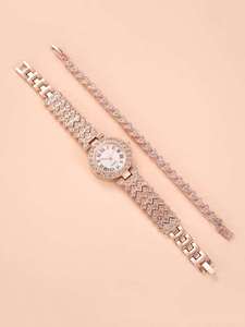 1pc Rhinestone Decor Round Pointer Watch & 1pc Bracelet