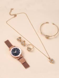 lot 13 image: 1pc Rhinestone Decor Round Pointer Watch & 5pcs Jewelry Set