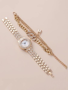 lot 27 image: 1pc Rhinestone Decor Round Pointer Quartz Watch & 1pc Bracelet