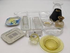 Vintage Glass Butter dishes, lampshades, oil lamp and more