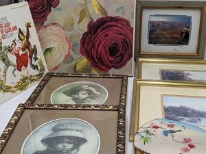 7 Vintage framed art images, Wizard of Oz on vinyl, beautiful Vintage fan, and Floral Art