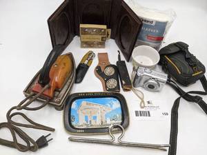 Vintage collection of iron, photo frame, cameras and more