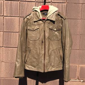 Distressed Rivet Leather Jacket with Hood- Mens Size Extra Large
