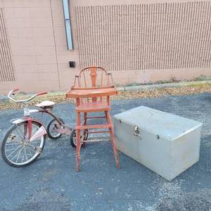 Vintage Toy Collection- Tricycle, Metal Toy Chest, and High Chair