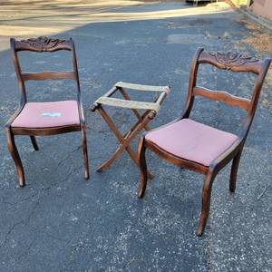 (2) Vintage Pink Padded Chairs & Vintage Stool